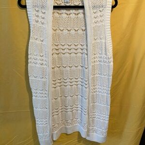 CJ Banks Cream Open Crochet Sleeveless Cardigan